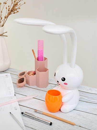 Светильник настольный 12 Вт, детский, белый, абажур белый, Uniel, Заяц, ULM-D160, UL-00011724, с подстаканником, сенсорный, 3000-6000К