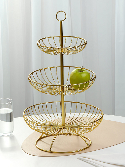 Ваза для фруктов, 3 яруса, металл, на ножке, 30х30х46 см, Y4-7626, золотая