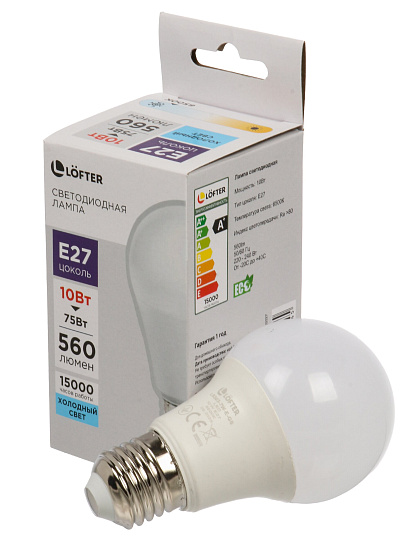 Лампа светодиодная E27, 10 Вт,  Вт, 220 В, ГРУША, 6500 К, холодный белый свет, Lofter