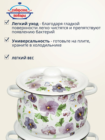 Набор посуды эмалированная сталь, 4 предмета, кастрюли 4,5.5 л, Сибирские товары, Анютины глазки 10, N10B54