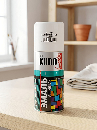 Эмаль аэрозольная, KUDO, универсальная, алкидная, глянцевая, белая, RAL 9003, 210 мл