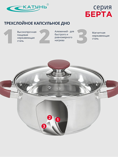Набор посуды нержавеющая сталь, 6 предметов, кастрюли 2,3 л, ковш 1.5 л, индукция, Катунь, Берта, КТ15-В