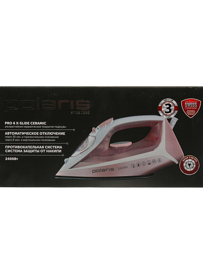Утюг Polaris, PIR 2497AK, 2400 Вт, керамика, вертикальное отпаривание, противокапельная система, система самоочистки, 3 м, бело-розовый