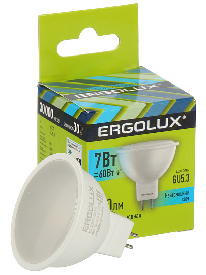Лампа светодиодная GU5.3, 7 Вт, 60 Вт, 220 В, рефлектор, 4000 К, нейтральный белый свет, Ergolux, 12159