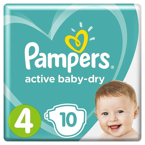 Подгузники детские Pampers, Active Baby Dry Maxi, р. 4, 9 - 14 кг, 10 шт, унисекс