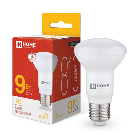 Лампа светодиодная E27, 9 Вт, 90 Вт, 230 В, рефлектор, 3000 К, свет теплый белый, In Home, LED-R63-VC