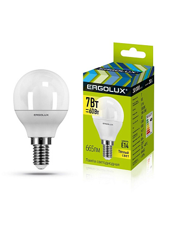 Лампа светодиодная E14, 7 Вт, 60 Вт, 220 В, шар, 3000 К, теплый белый свет, Ergolux, 12142