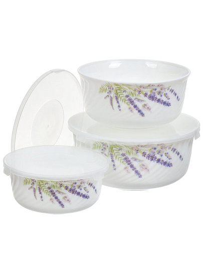 Салатник стеклокерамика, круглый, 3 шт, 9 см, 14, 16, 19 см, 0.5, 0.8, 1.4 л, с крышкой, Лаванда, Daniks, HDW3T-P