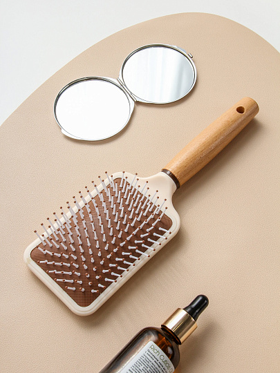 Расческа массажная, 25.5х8.5 см, пластик, деревянная ручка, квадратная, A100072