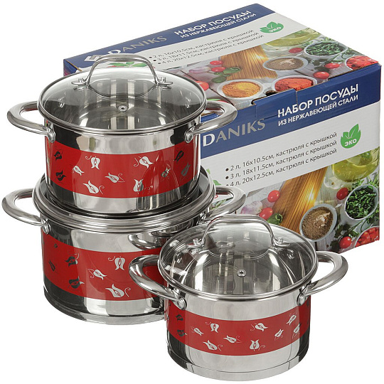 Набор посуды нержавеющая сталь, 6 предметов, кастрюли 1.9, 2.7, 3.7 л, индукция, Daniks, Декор, M-327R, красный