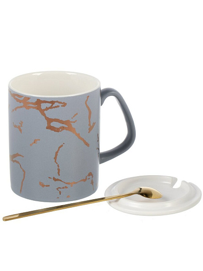 Кружка фарфор, 380 мл, Серый Мрамор, с ложкой, 1760174-1