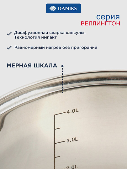 Набор посуды нержавеющая сталь, 6 предметов, кастрюли 2, 3, 4 л, индукция, Daniks, Веллингтон, GS-01415-6SE