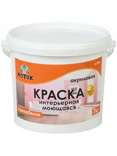 Краска водно-дисперсионная, Оптимист, Латек Л204, акриловая, интерьерная, моющаяся, супербелая, 7 кг