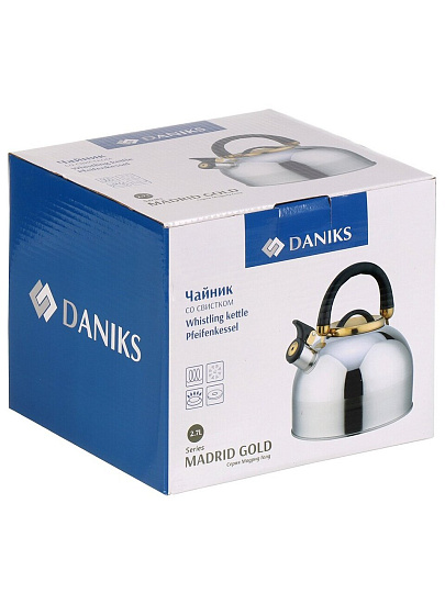 Чайник нержавеющая сталь, 2.7 л, со свистком, зеркальный, ручка бакелитовая, с силиконовым покрытием, Daniks, Мадрид Голд, индукция, M-001PM
