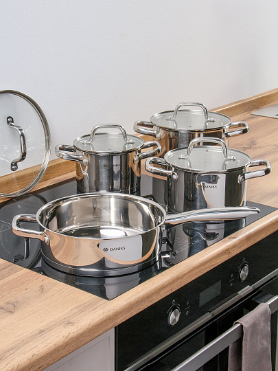 Набор посуды нерж, 8 пр, кастрюли 2.1,2.9,5.1 л, сковорода 3.1 л, индукц, Daniks, Рейн