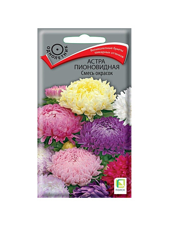 Семена Цветы, Астра, Смесь окрасок, 0.3 г, пионовидная, темно-красная, цветная упаковка, Поиск