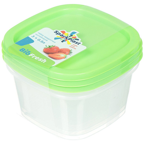 Контейнер пищевой пластик, 0.5 л, 8.9 см, 3 шт, квадратный, Sparkplast, BioFresh, IS10509