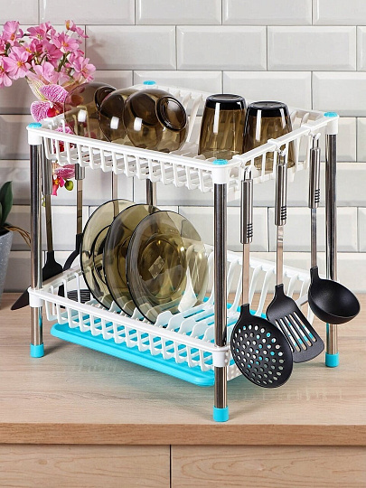 Сушилка для посуды, нержавеющая сталь, 2 яруса, с поддоном, 44х32.5х43 см, Y387