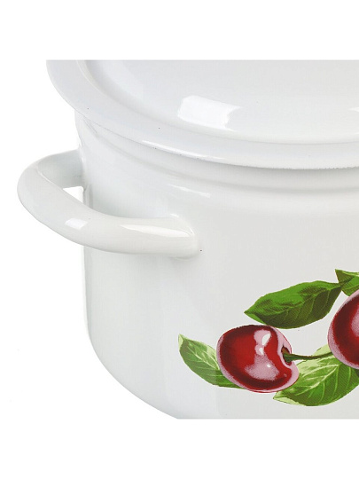 Кастрюля эмалированная сталь, 4 л, крышка сталь, цилиндрическая, Керченский металлургический завод, Вишневый сад, 41704-142/6-У4, белая