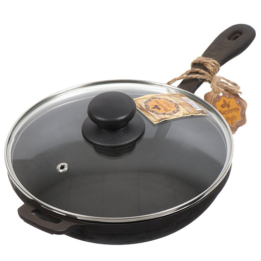 Сковорода чугун, 20 см, Maysternya, черная, с крышкой, индукция, T2011С3