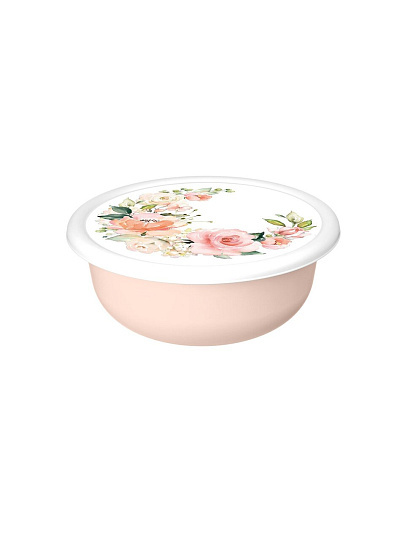 Миска пластик, 1.2 л, с крышкой, с декором, Розы, Модена, Homver, 223188107/04, светло-розовая
