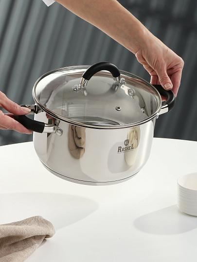 Кастрюля нержавеющая сталь, 4.7 л, крышка стекло, ручки силикон, RasheL, R-400к, индукция