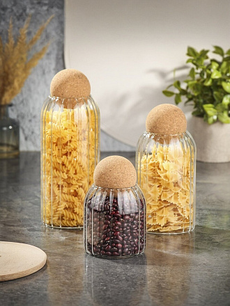 Банка для сыпучих продуктов, стекло, пробка, 3 шт, с крышкой, 0.4, 0.7, 1 л, рифленые, B090085