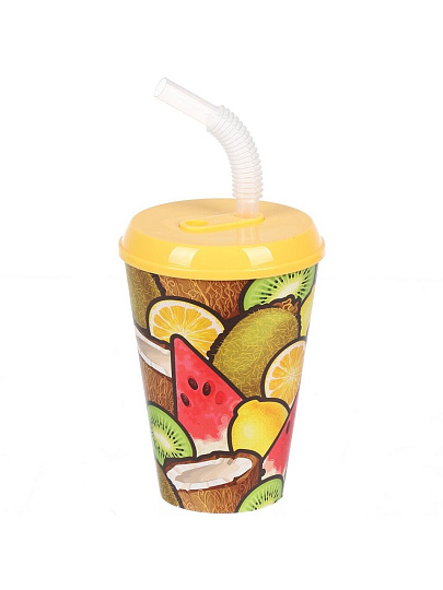 Стакан 420 мл, пластик, IZI-GO, Фрукты, с трубочкой, с крышкой, с декором, 0503/01