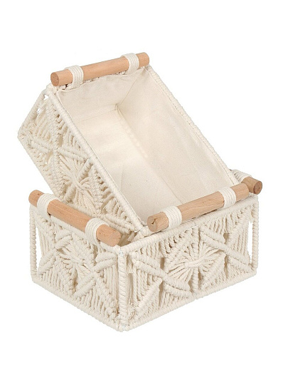Корзина 3 шт, прямоугольная, плетеная, хлопок, металл, белая, с деревянными ручками, 34х24х10 см, 2 шт 15х20х9 см, Y4-9682
