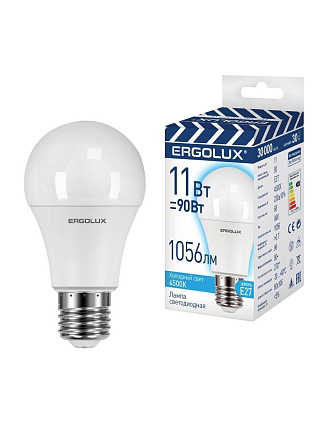 Лампа светодиодная E27, 11 Вт, 90 Вт, груша, 4500 К, нейтральный белый свет, Ergolux, 14459