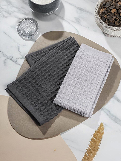 Набор полотенец кухонных 2 шт, 40х50 см, вафельный, 100% хлопок, 300 г/м2, Silvano, Лея, светло-серый, серый, Узбекистан