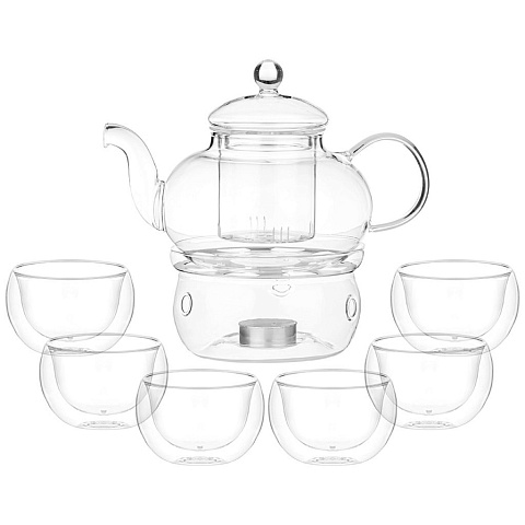 Чайный набор на 6 персон "double-wall" 7пр.: чайник 800 мл. + 6 чашек 150 мл., 250-149