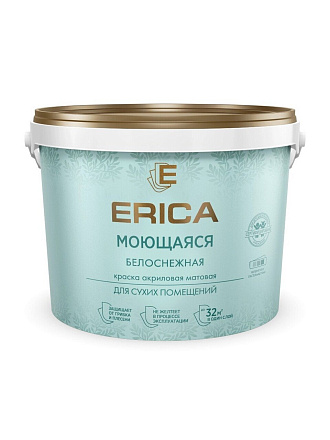 Краска водно-дисперсионная, Erica, акриловая, универсальная, моющаяся, влагостойкая, матовая, белая, 4.5 кг