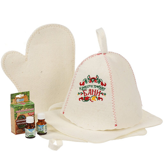 Набор для бани 4 предмета, шапка, коврик, рукавица, масла эфирные, в ассортименте, в косметичке, OBSI, 191889