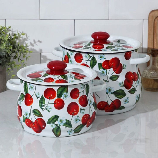 Набор посуды эмалированная сталь, 4 предмета, кастрюли 4,5.5 л, Сибирские товары, Сочная вишня 10, N10B58