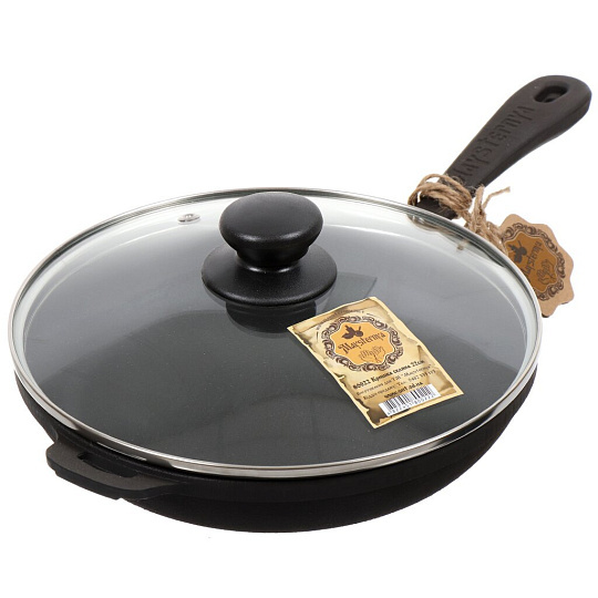 Сковорода чугун, 22 см, Maysternya, черная, с крышкой, индукция, Т2012C3