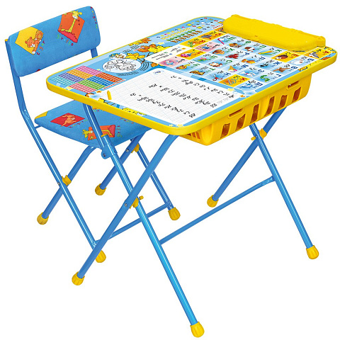 Мебель детская Nika, стол+большой пенал+стул мягкая, Первоклашка осень, металл, пластик, с подножкой, голубая, КУ2П/11