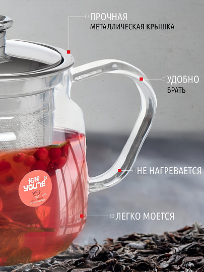 Чайник заварочный стекло, нержавеющая сталь, 0.6 л, с ситечком, Y6-2595/B050141