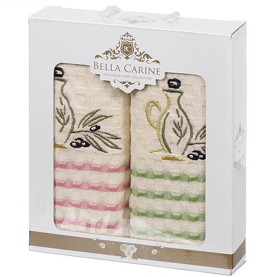 Набор полотенец кухонных 2 шт, 40х60 см, вафельный, Bella Carine, Оливковое масло, белый, Турция, FTS-P2-3