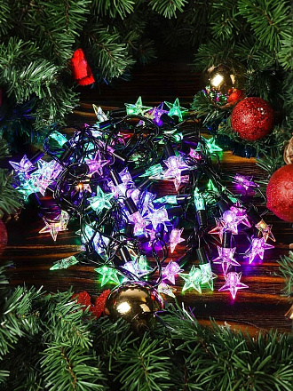 Гирлянда 80 ламп, 8 м, 1 режим, Звезды, свет мультиколор, черная, в помещении, сетевая, LED, Y4-7530