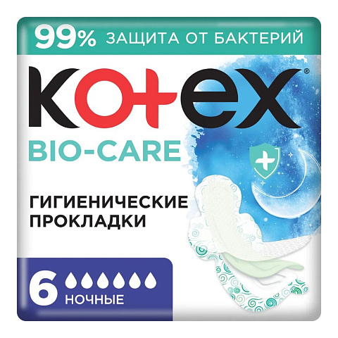 Прокладки женские Kotex, Bio-Care, ночные, 6 шт, 9426151