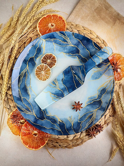 Блюдо стекло, 30 см, круглое, с лопаткой, Daniks, Navy Leaves