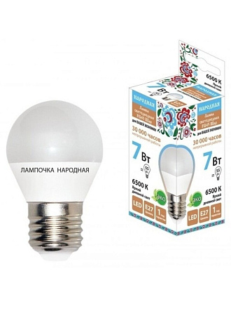 Лампа светодиодная E27, 7 Вт, 55 Вт, шар, 6500 К, холодный белый свет, TDM Electric, Народная, SQ0340-1550