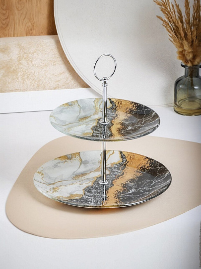 Ваза для фруктов, 2 яруса, стекло, 22.5 см, диаметр 18 и 23 см, Daniks, Флюид, черная