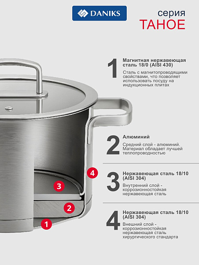 Кастрюля нержавеющая сталь, 2.6 л, крышка стекло, круглая, Daniks, Тахо, SD-064-18, индукция