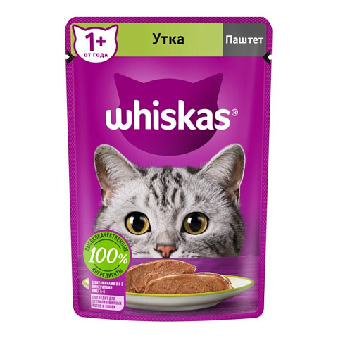 Корм для животных Whiskas, 85 г, для взрослых кошек, паштет, утка, пауч, 10149167