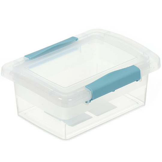 Ящик хозяйственный 0.85 л, 12.5х16.8х7.1 см, с крышкой, с защелками, прозрачный, небесный, BranQ, Laconic mini, BQ2491ПРНБС
