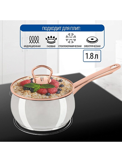 Ковш нержавеющая сталь, 1.8 л, крышка стекло, ручка нержавеющая сталь, индукция, Daniks, Карлин, GS-01332G-16S