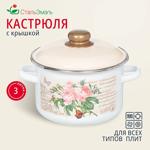 Кастрюля эмалированная сталь, 3 л, с крышкой, крышка сталь, цилиндрическая, СтальЭмаль, Мэри белоснежная, 6RD181M, индукция