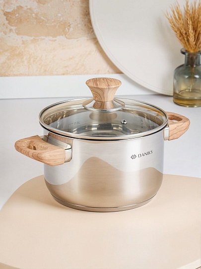 Кастрюля нержавеющая сталь, 2.9 л, крышка стекло, Daniks, Осло, GS-01147-18CA, индукция